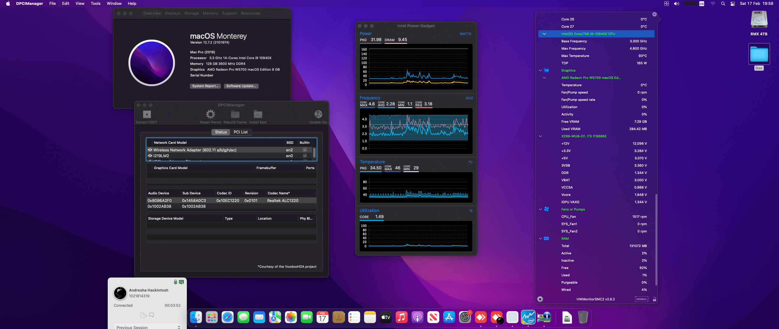 Success Hackintosh macOS Monterey 12.7.2 Build 21G1974 in Gigabyte X299-WU8 + Intel Core i9 10940X + AMD Radeon Pro W5700